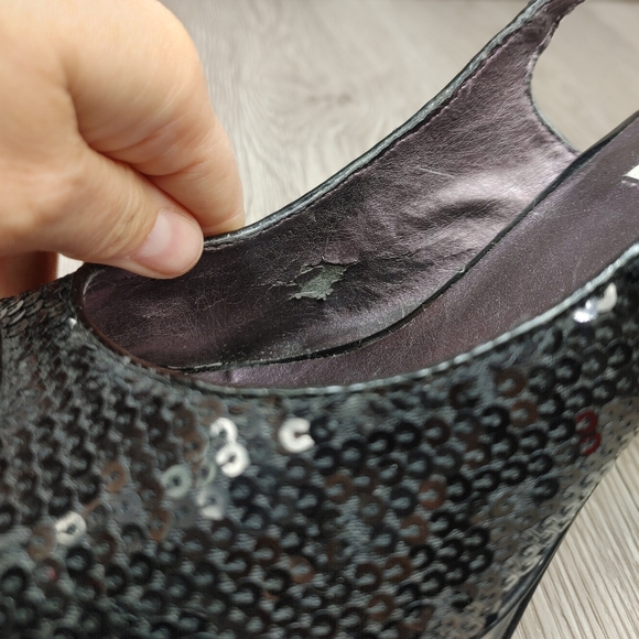 Steve Madden Heels Peep Toe Slingback Black Sequin Party Shoes Creemms 4" ‎ 7.5 - Picture 7 of 11